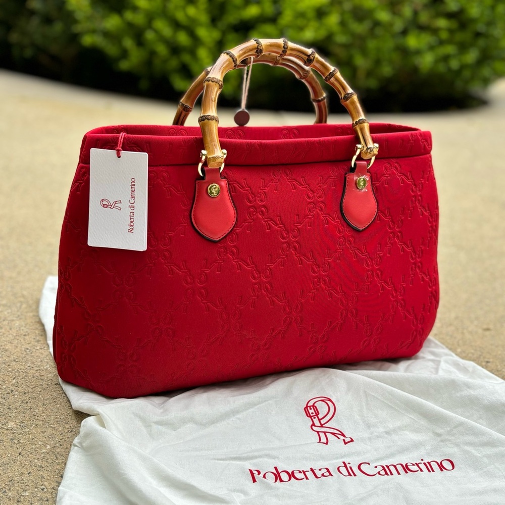 Roberta di Camerino Red Tote with Bamboo Handles Monogram Design